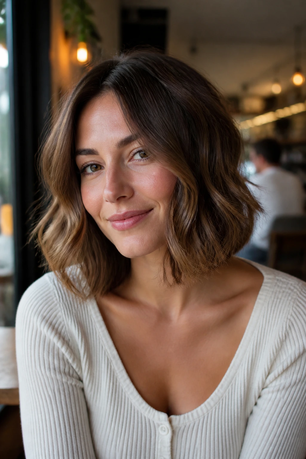 Close-up of a real woman with a wavy collarbone bob in a cafe setting