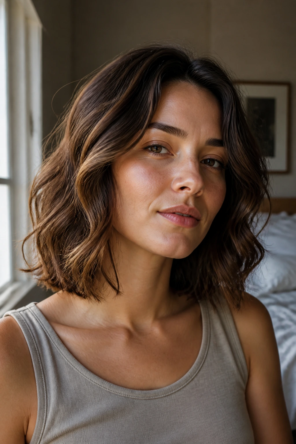 Close-up of a real woman with a wavy collarbone bob in warm window light