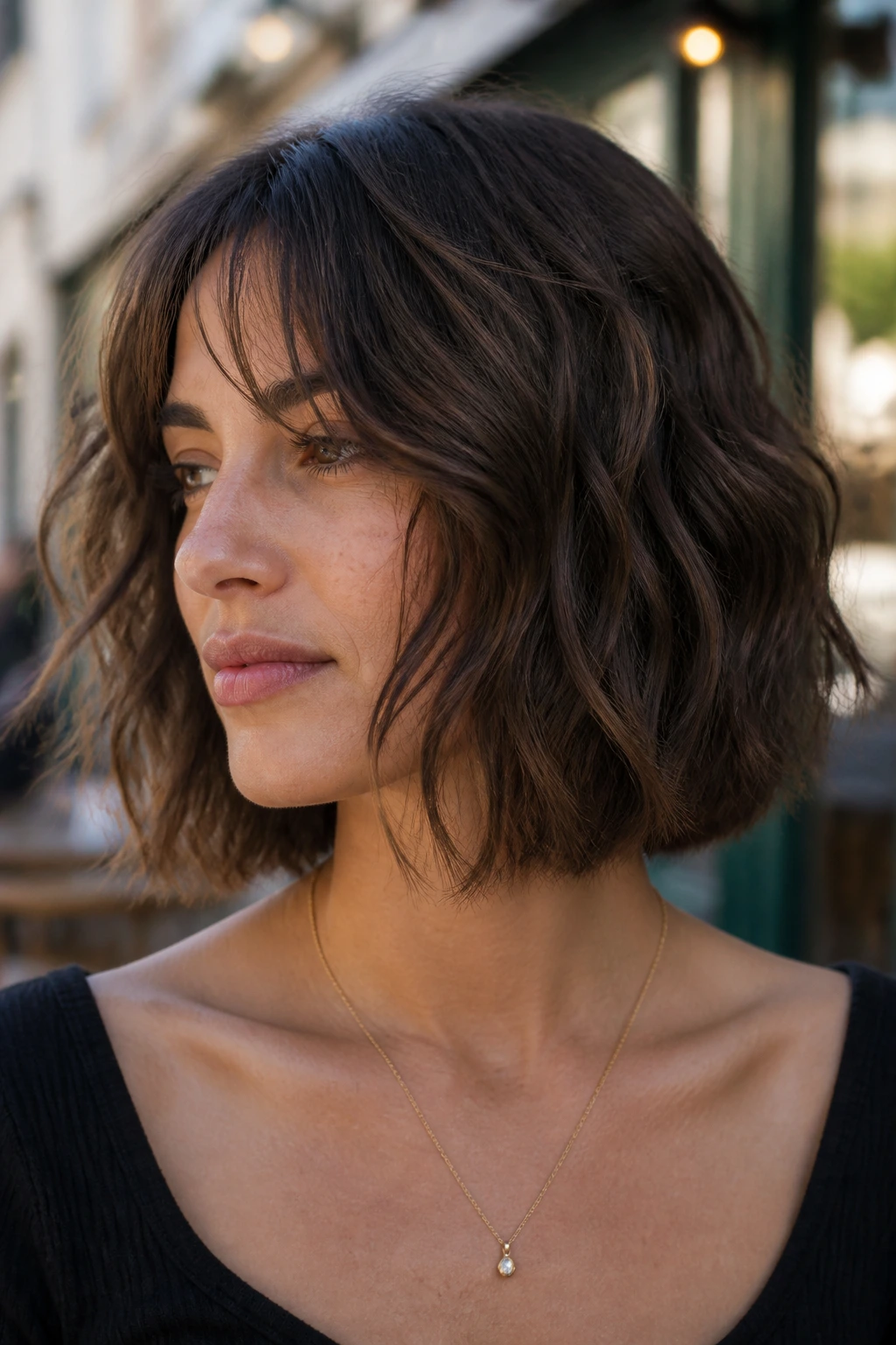 Woman with wavy collarbone bob and broken-up curtain bangs at a cafe