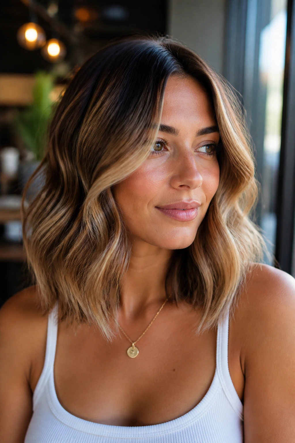 Close-up of a person with a wavy collarbone cut and toasted almond balayage.