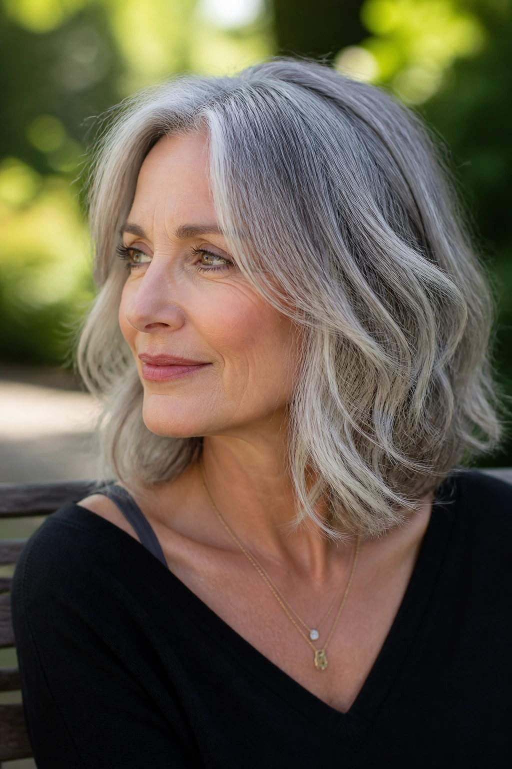 Close-up portrait of a real woman with a wavy collarbone gray haircut.