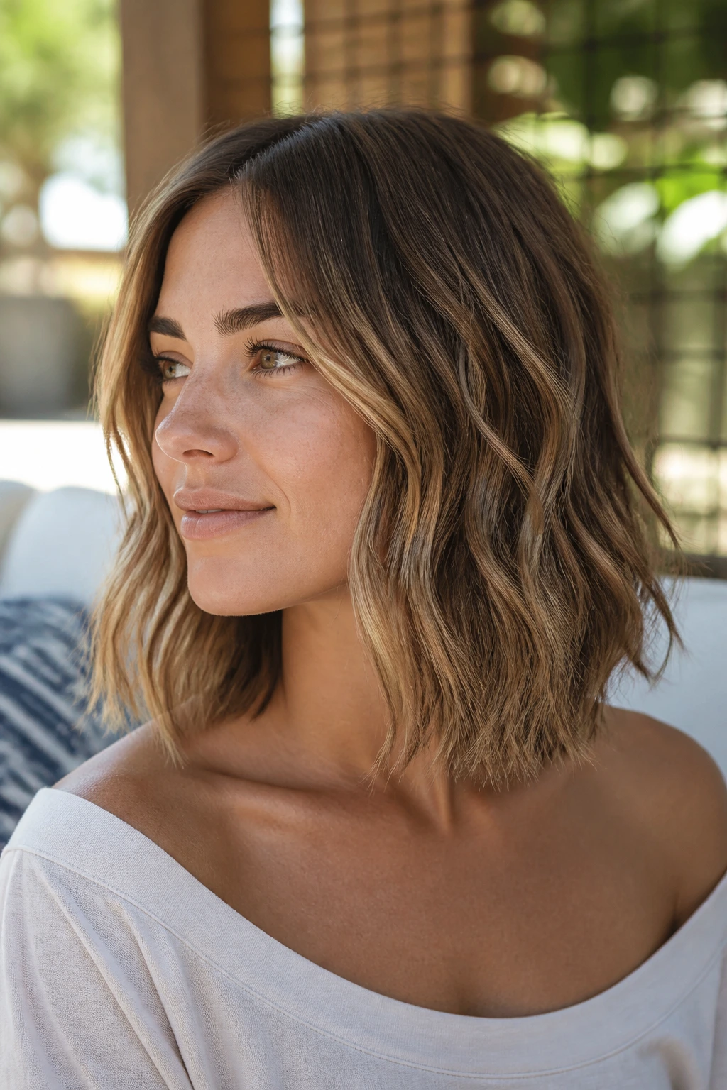 Close-up portrait of a real woman with wavy collarbone-length lob in golden-hour outdoor light.