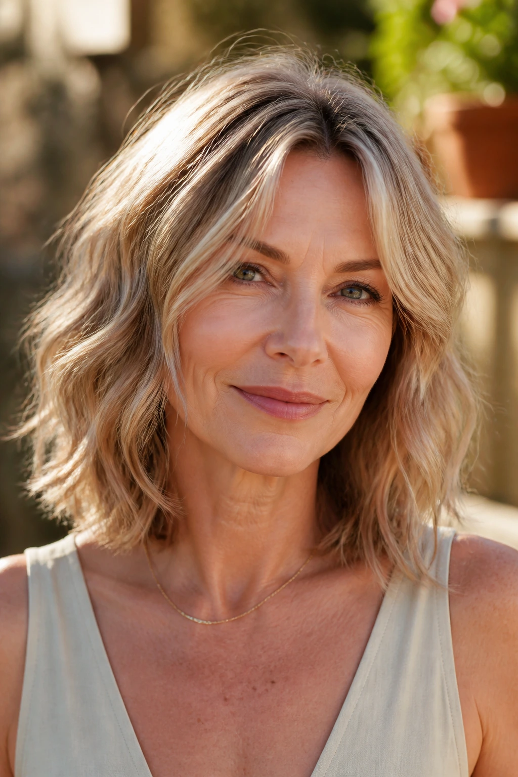 Close-up of a real woman with wavy collarbone-length hair and razored ends