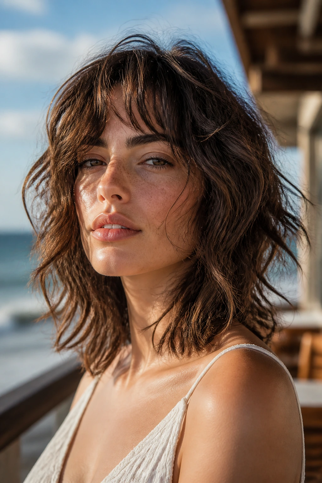Close-up portrait of person with wavy collarbone shag at the beach