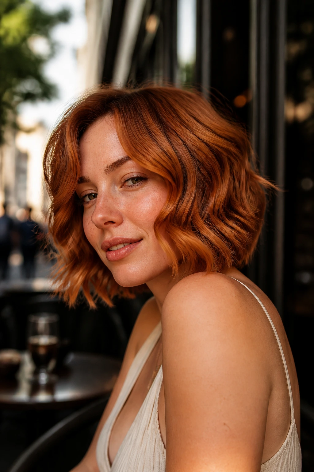 Close-up of a real woman with wavy copper bob and subtle S-bend waves in sunlit cafe light