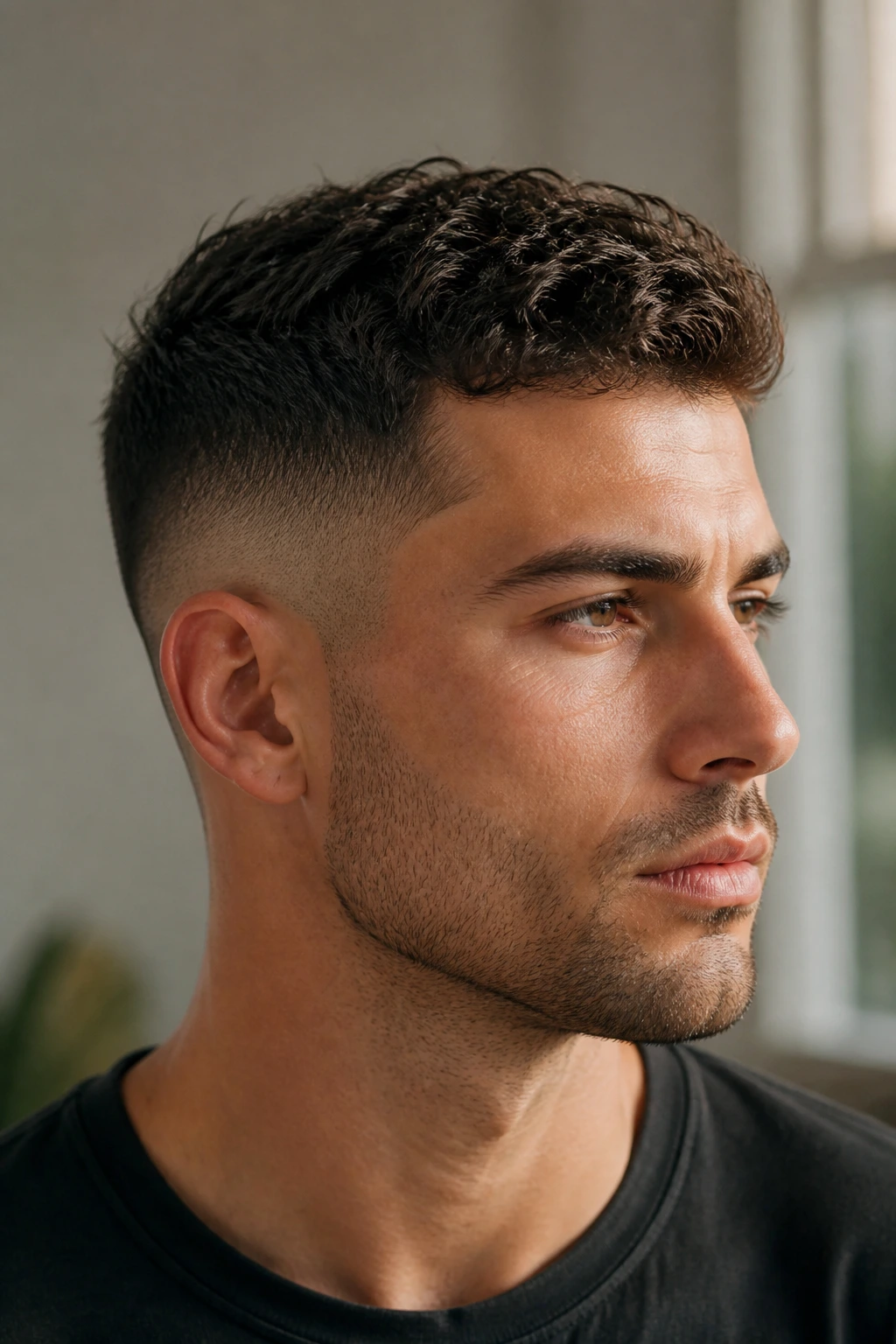 Close-up of a man with a wavy crew cut showing natural top waves and tight sides.
