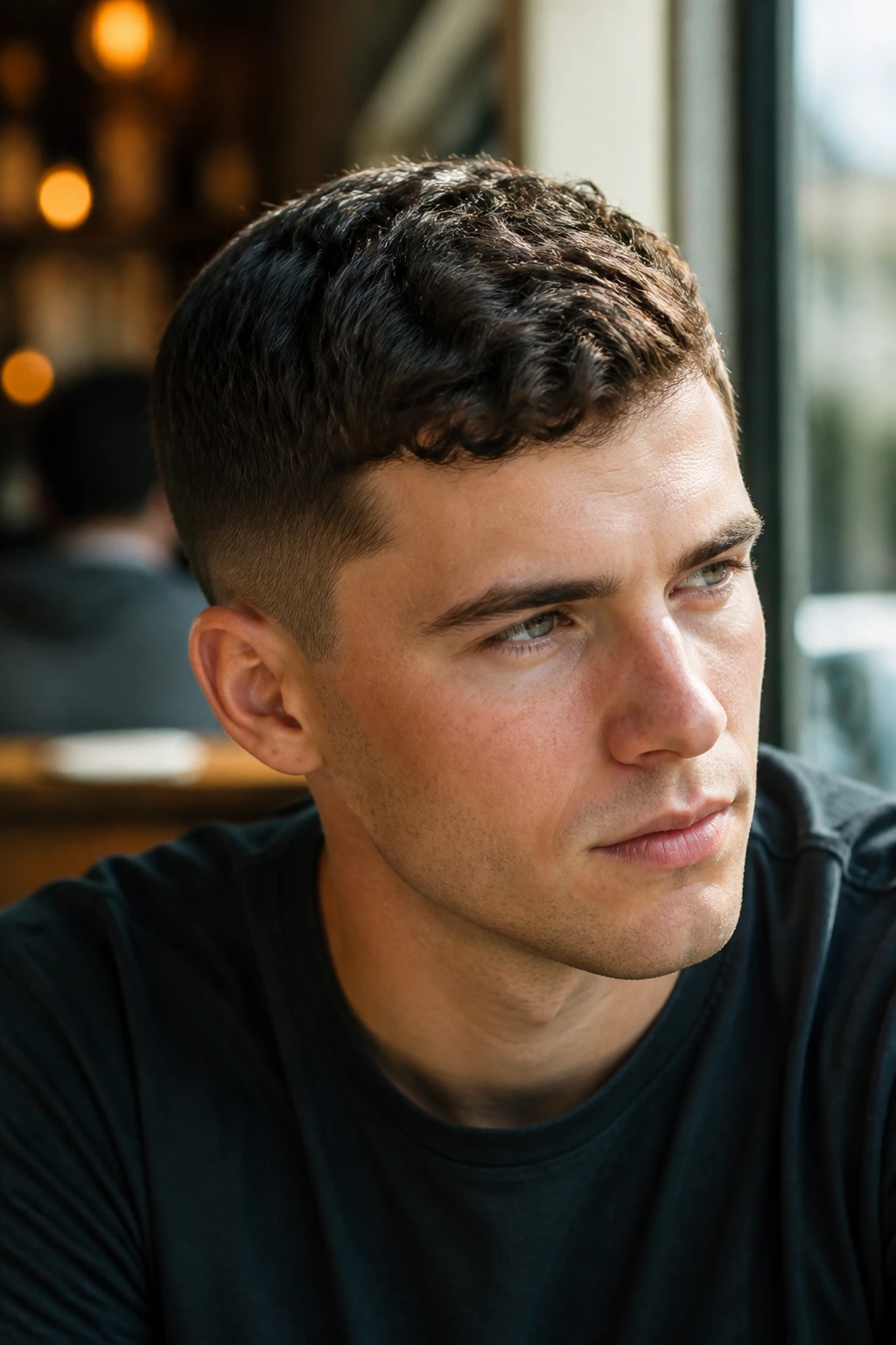 Close-up portrait of a man with a wavy crew cut in a cafe setting