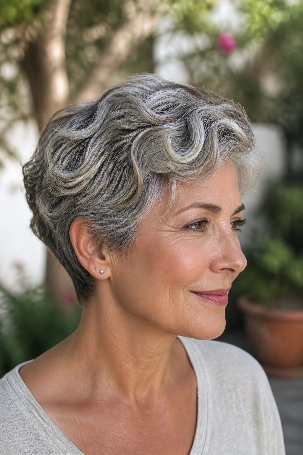 Close-up of a real woman with a short wavy crop and cool-tone babylights in sunlight