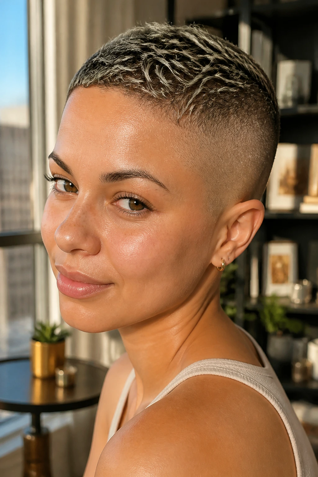 Close-up of a real woman with a wavy crown buzz showing subtle waves on top