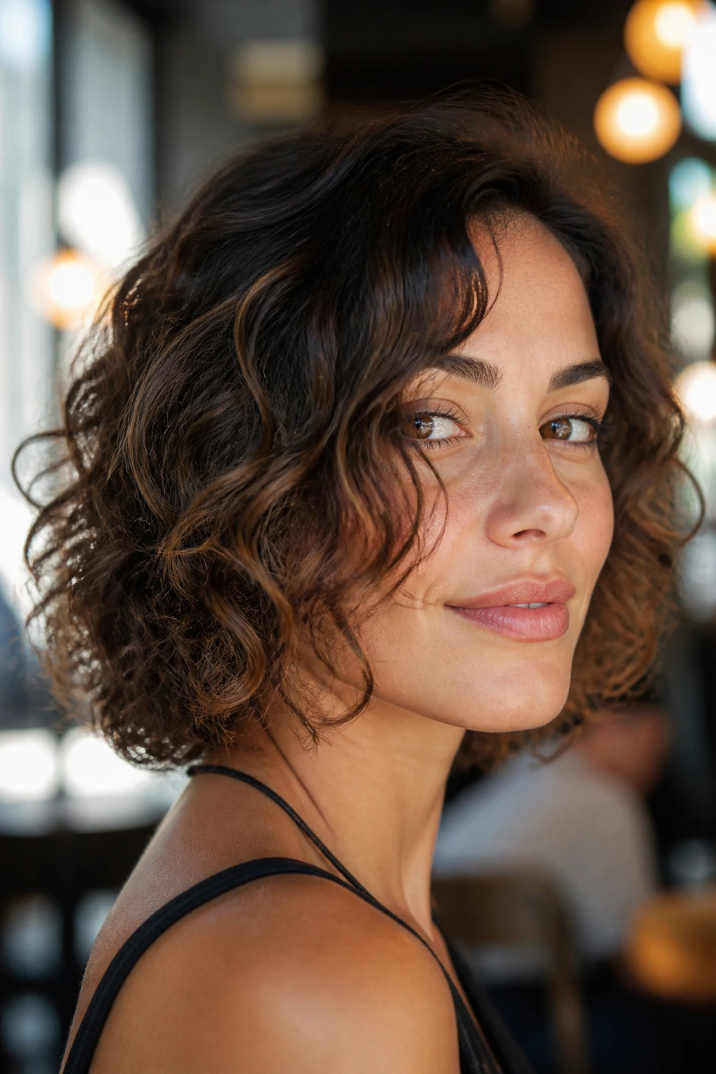 Real woman with wavy-curl hybrid bob in a cozy cafe setting