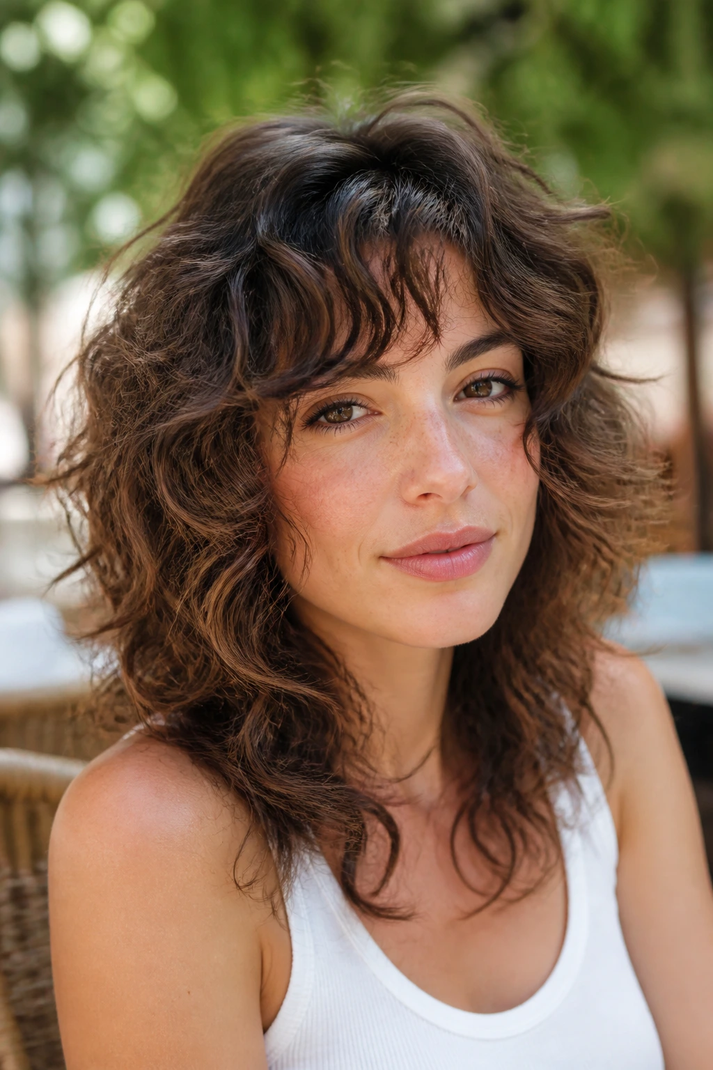 Close-up of a real woman with wavy-curly hair and S-curve bangs