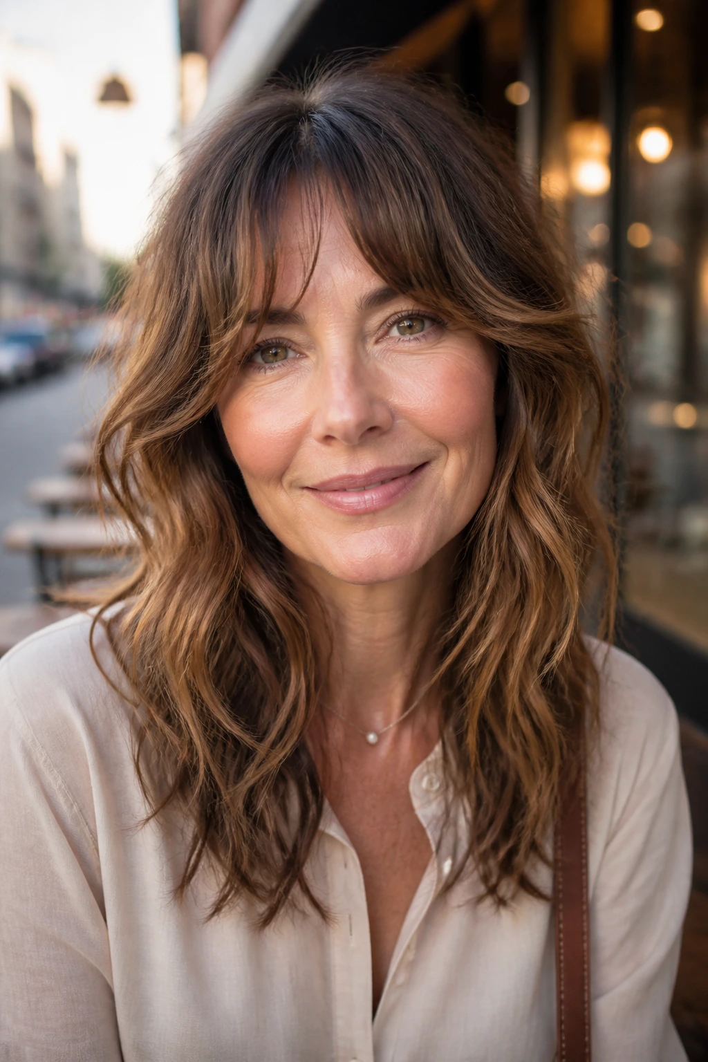 Portrait of a woman with wavy air-dry curtain fringe
