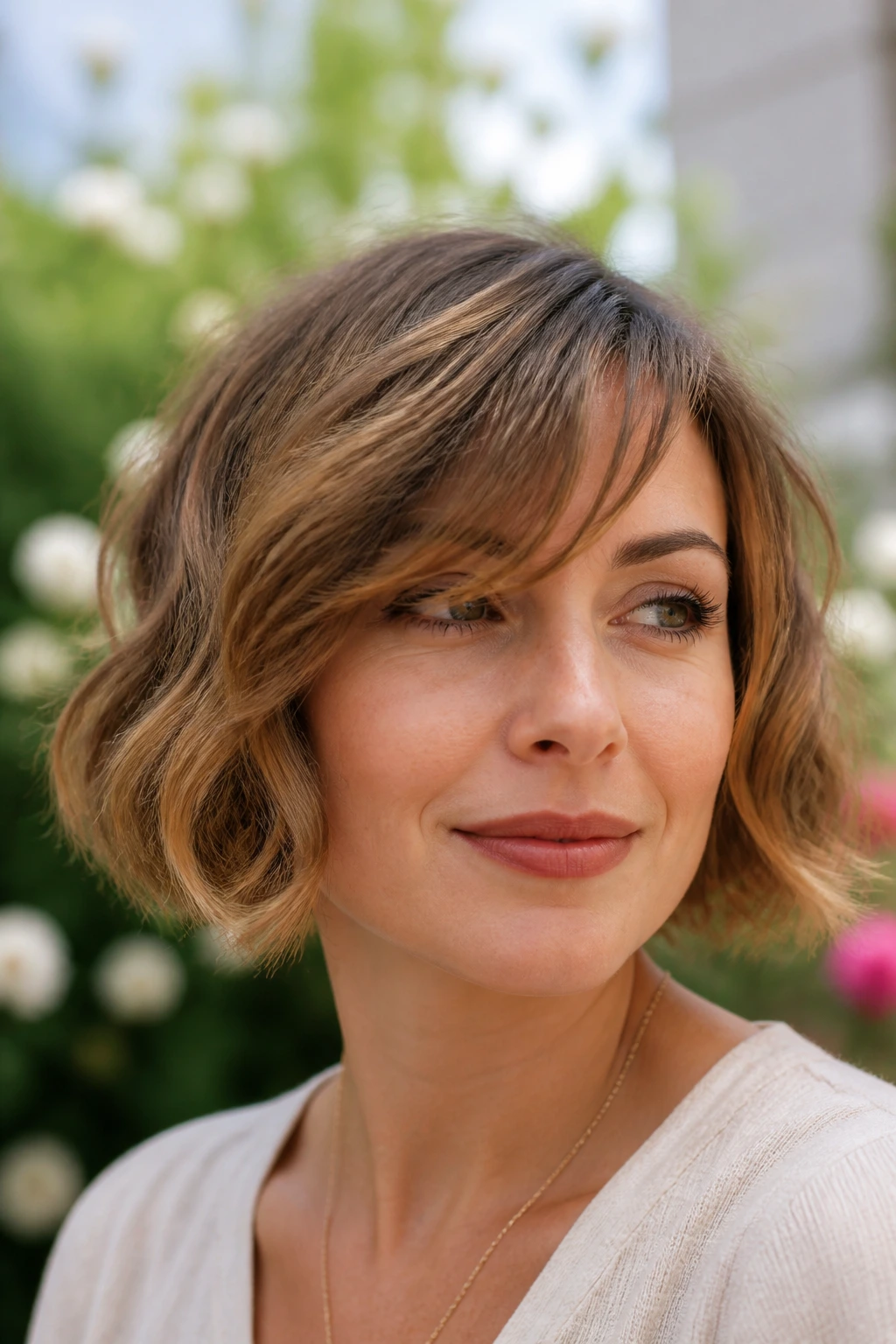 Close-up of a real woman with a wavy ear-length bob and side bangs in a garden