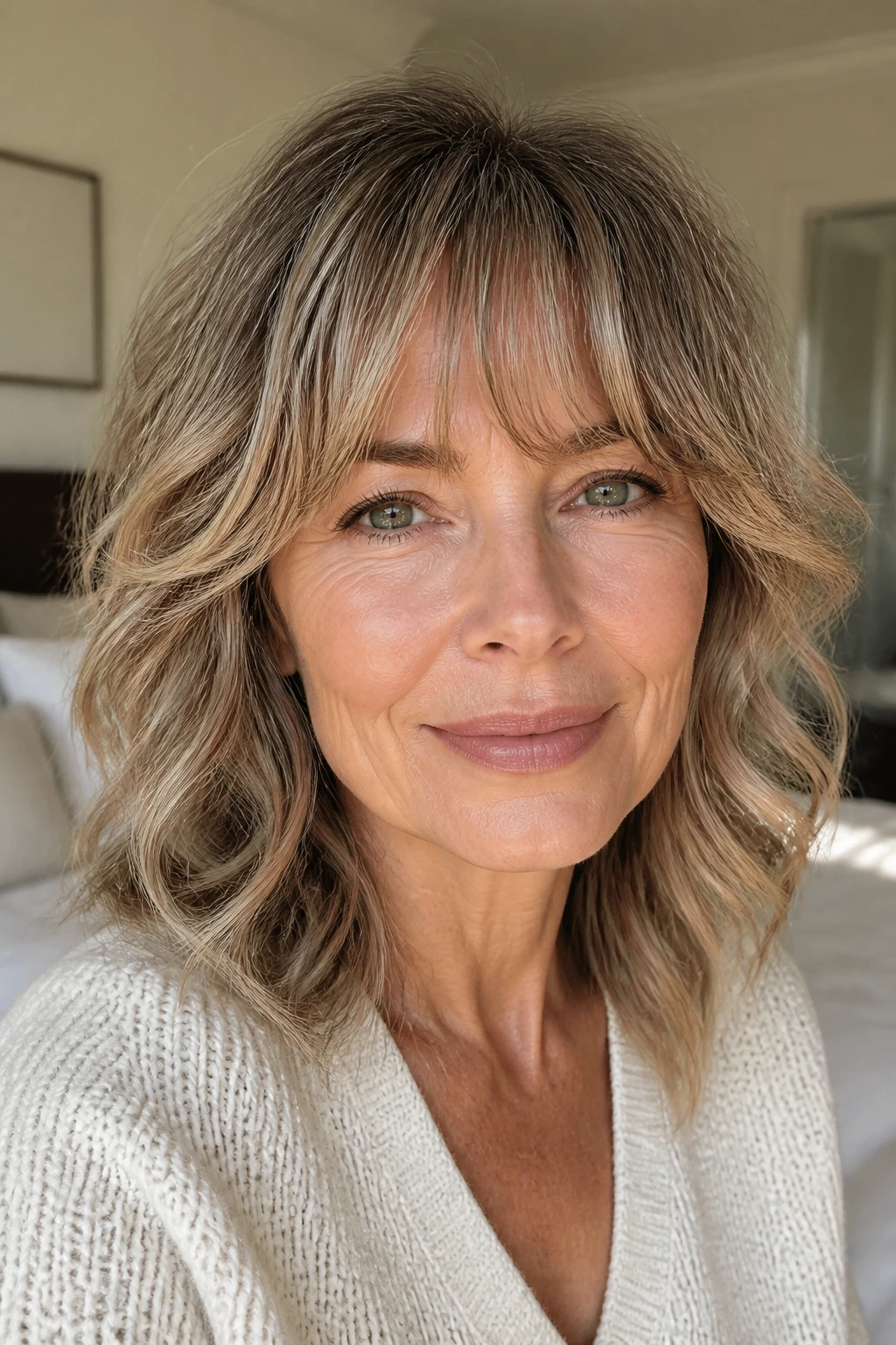 Close-up of a real woman with wavy feathered bangs in soft window light