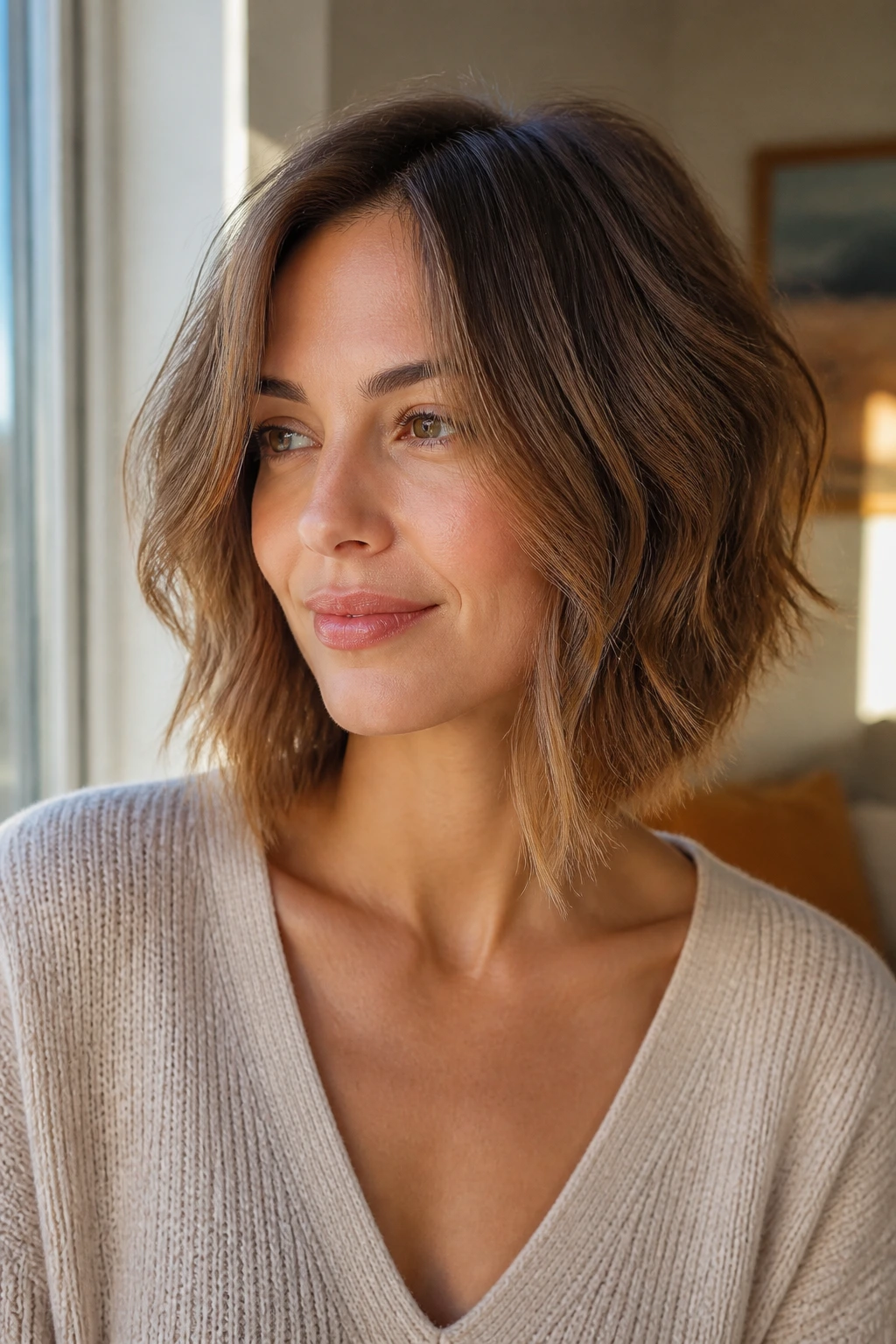 Close-up of a real woman with a wavy feathered bob grazing the collarbone in warm window light.