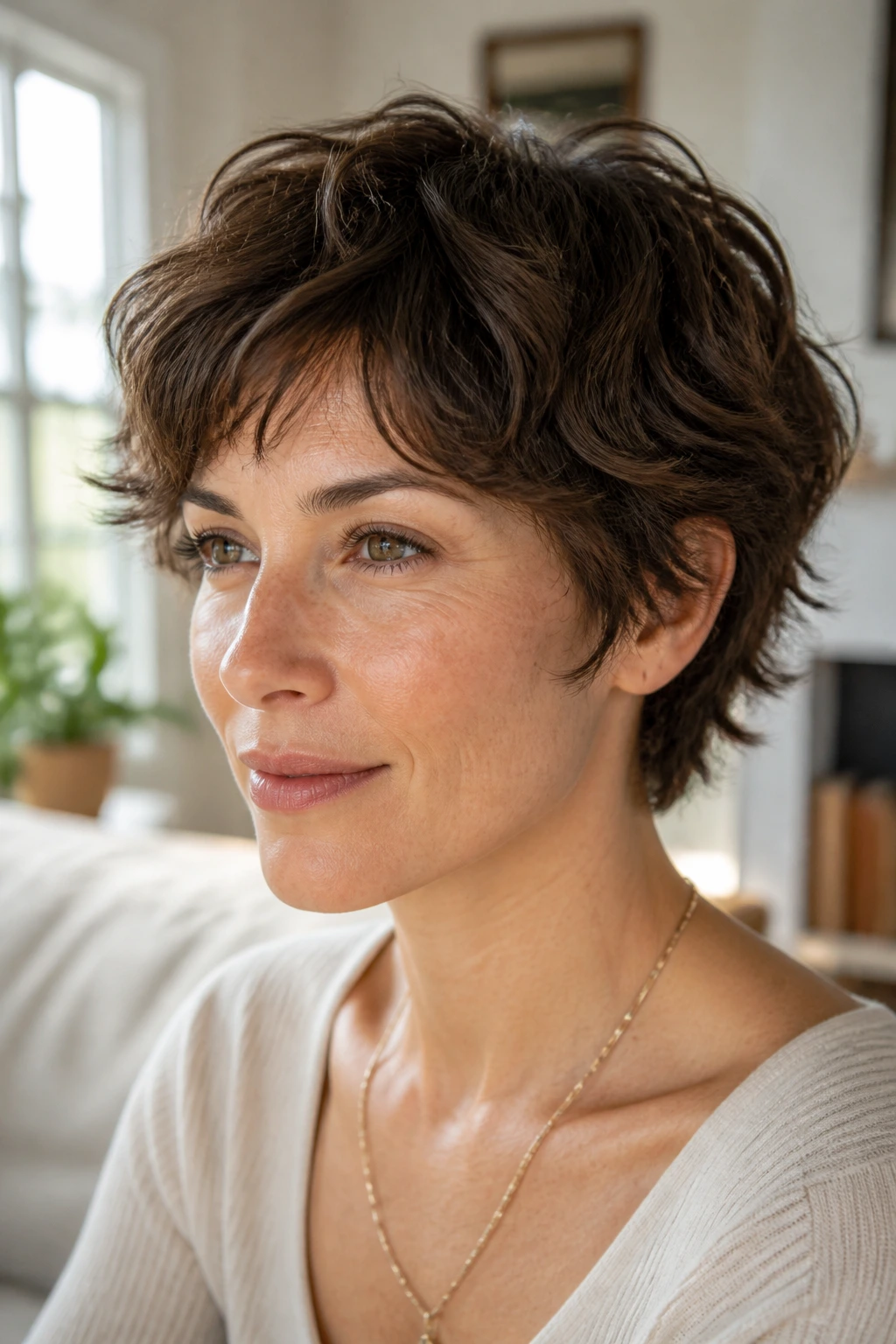 Close-up of a real woman with a wavy feathered crop and air-dried texture