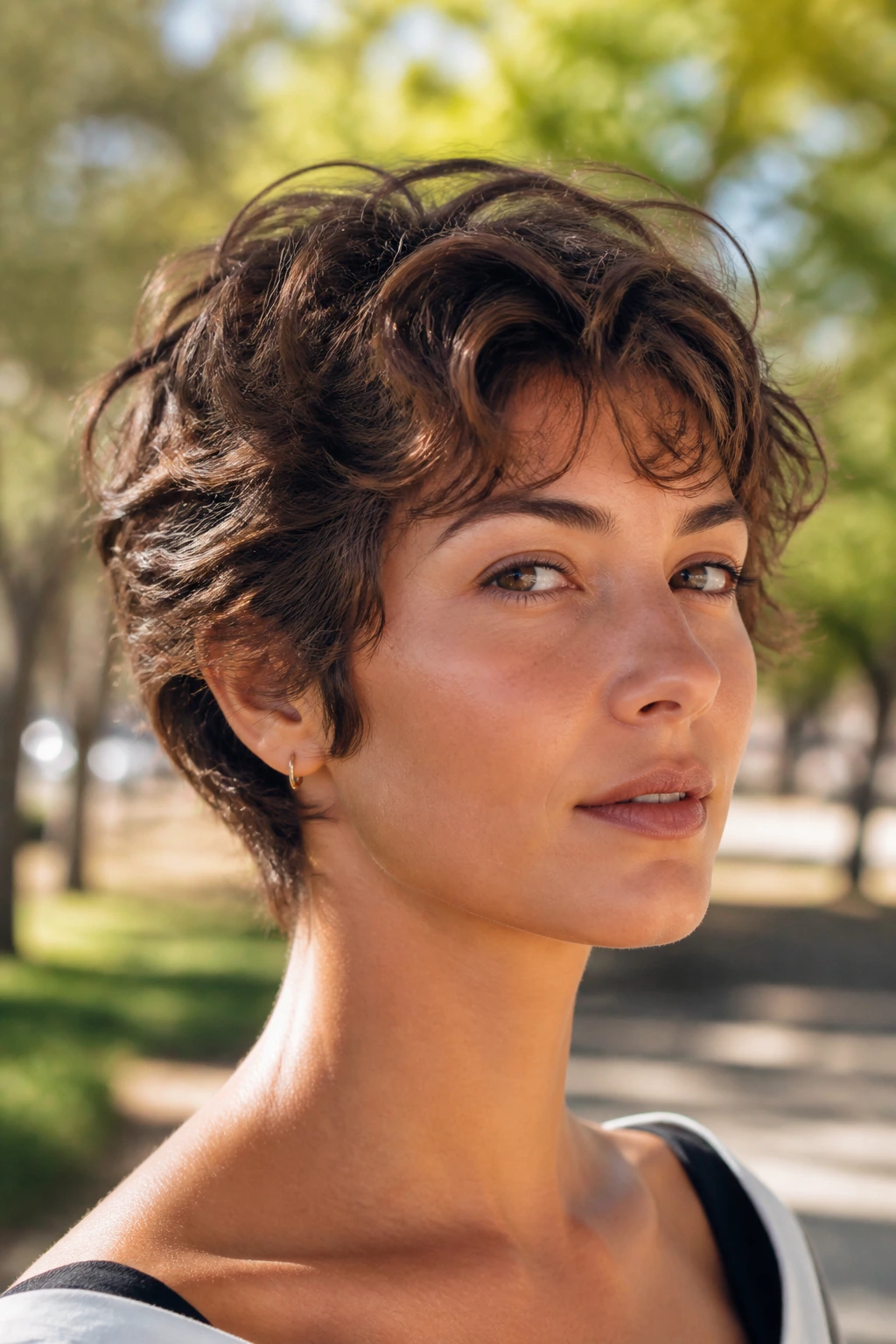 Close-up of a woman with a wavy feathered crop