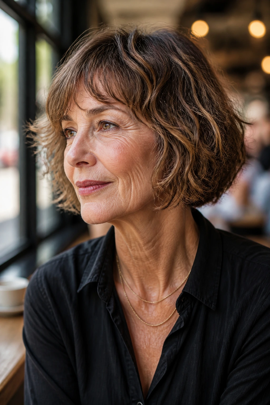 Close-up portrait of an older woman with a wavy French bob