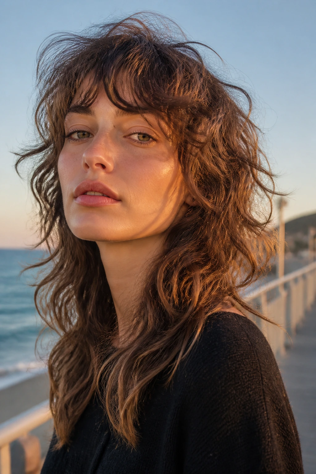 Portrait of a real woman with a wavy French-girl mullet