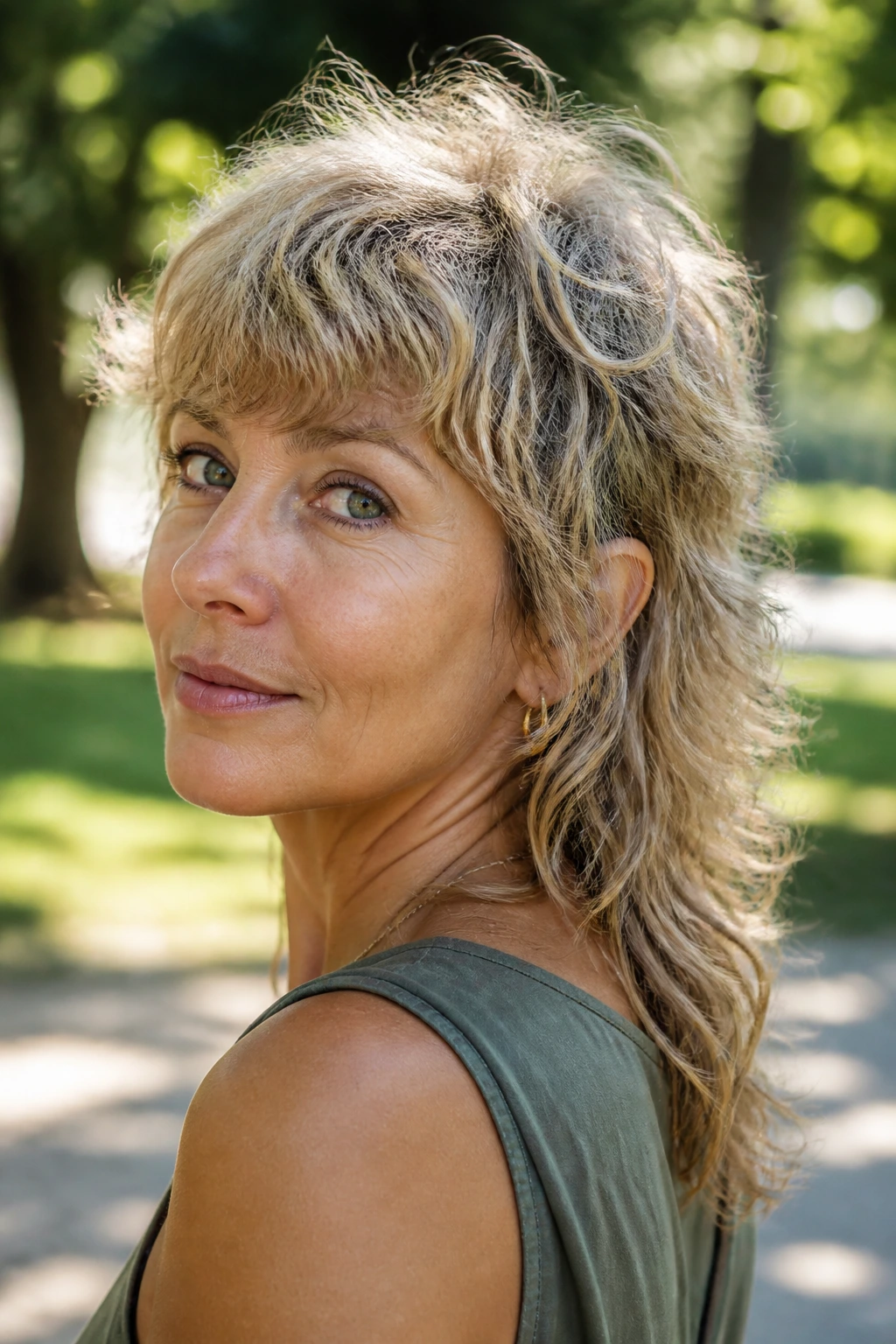 Close-up of a real woman with a wavy French mullet outdoors in a park