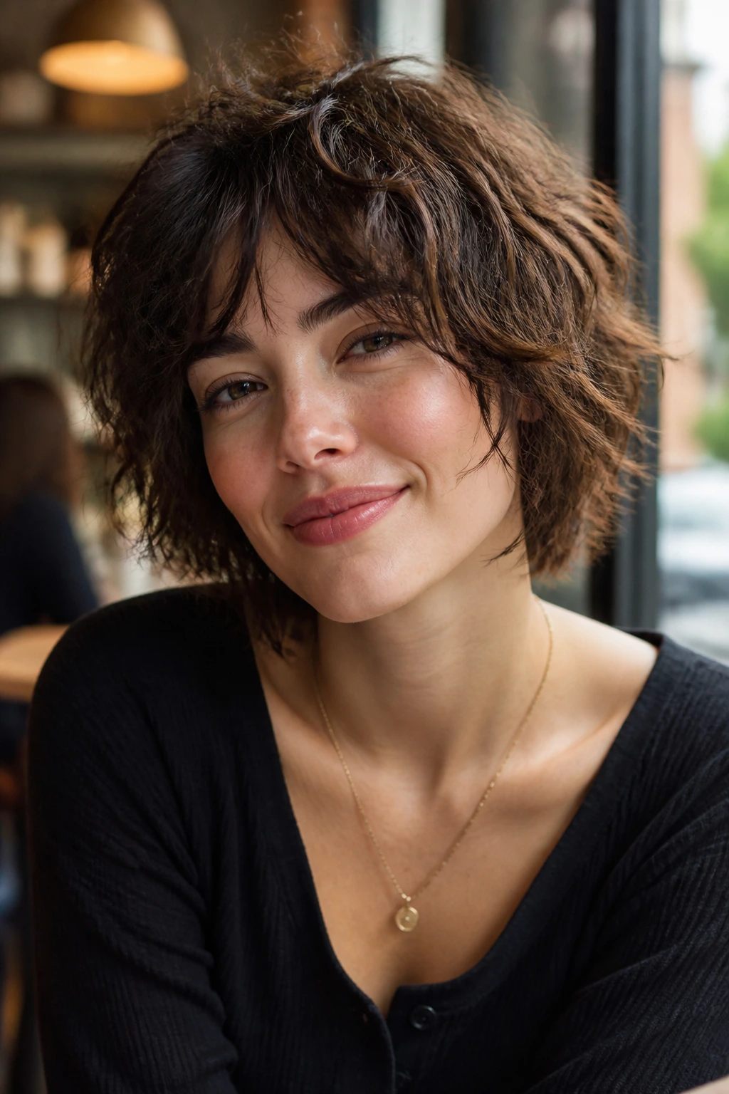 Woman with wavy French shag crop in a bright cafe setting