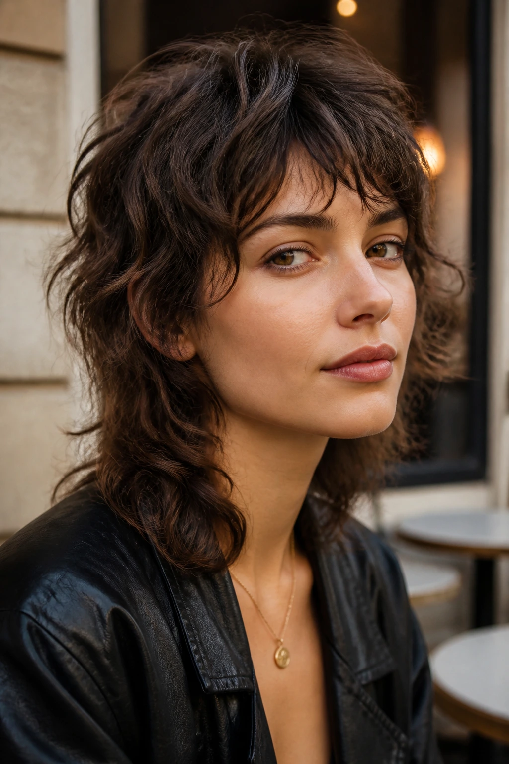 Close-up portrait of real woman with wavy French wolf mullet in a cafe setting.