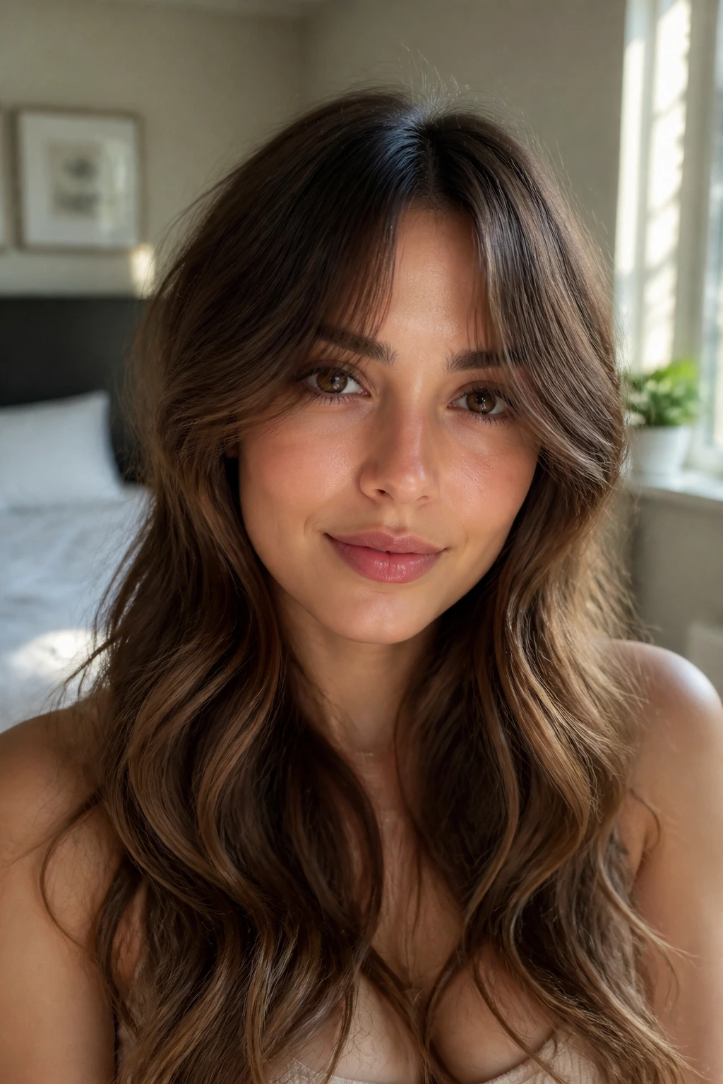 Close-up portrait of a woman with a wavy face-framing fringe in warm natural light