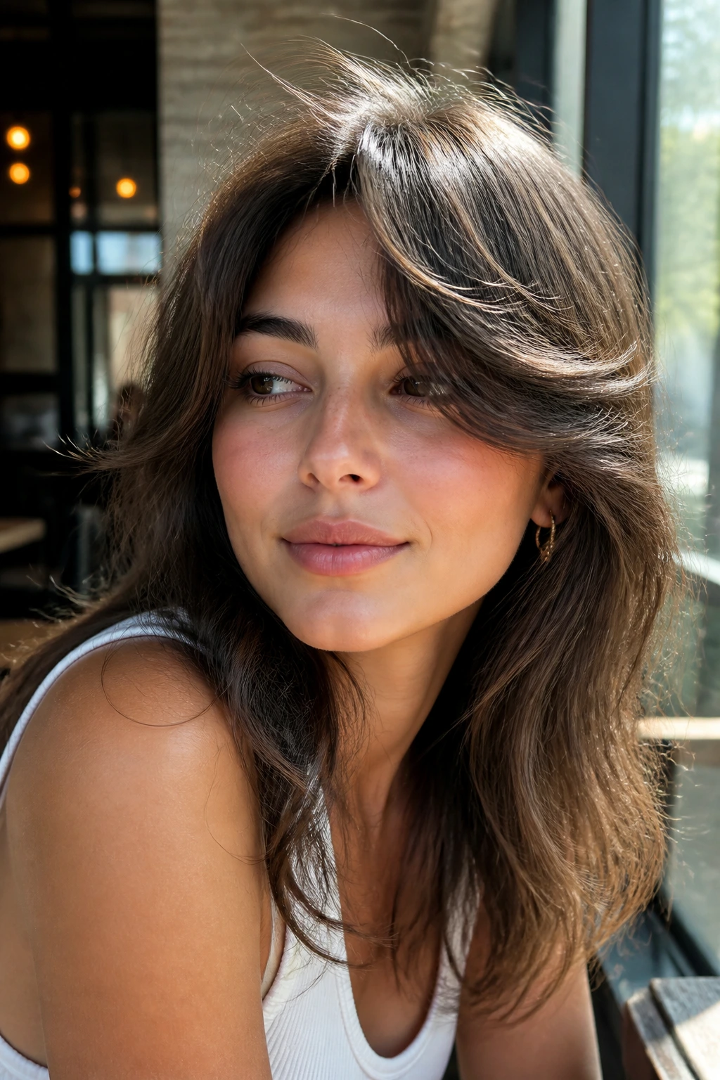 Real woman with wavy swoop fringe that flips under, captured in cafe daylight