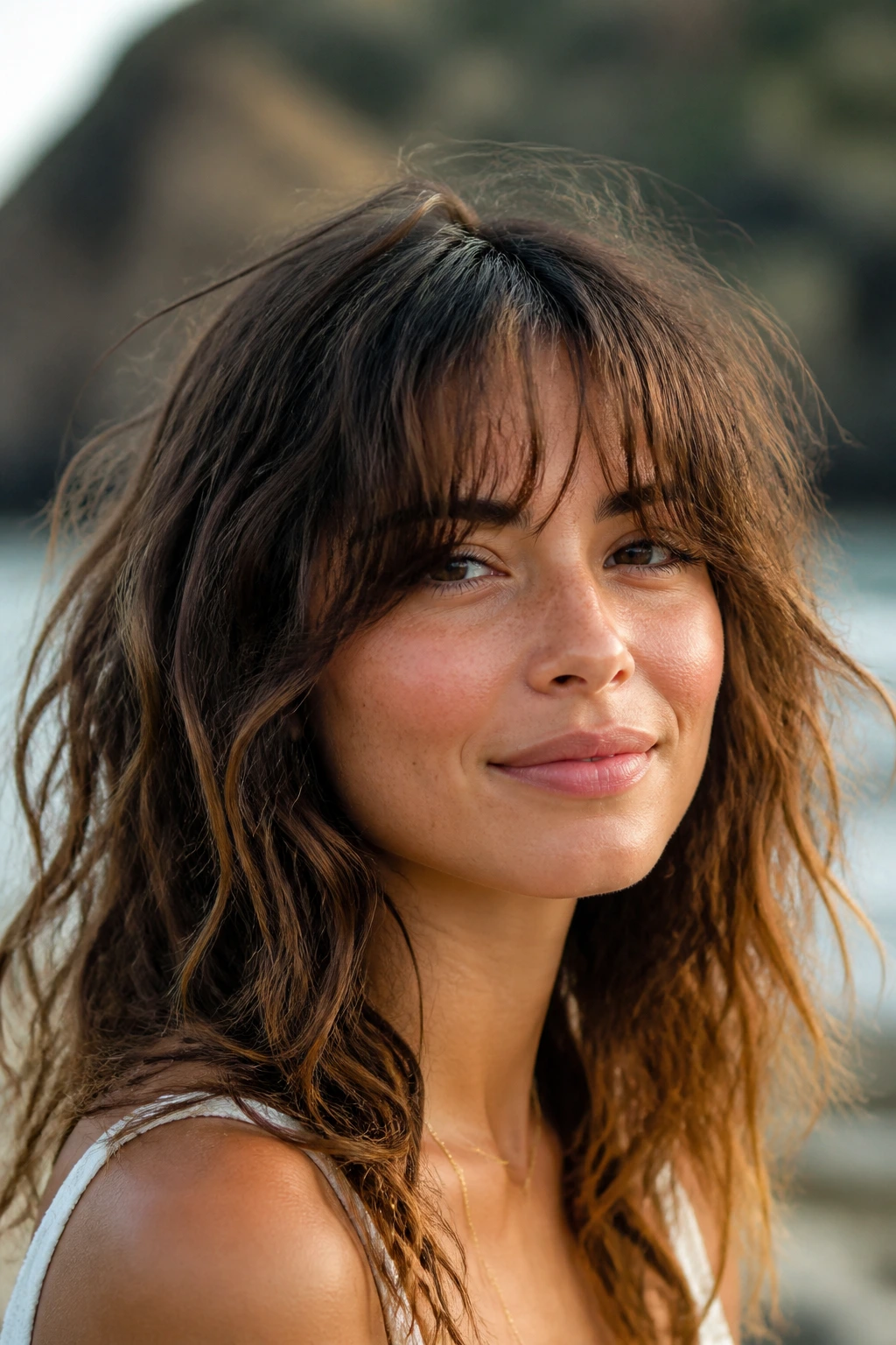 Portrait of real woman with a wavy fringe showing natural bend in sunlight