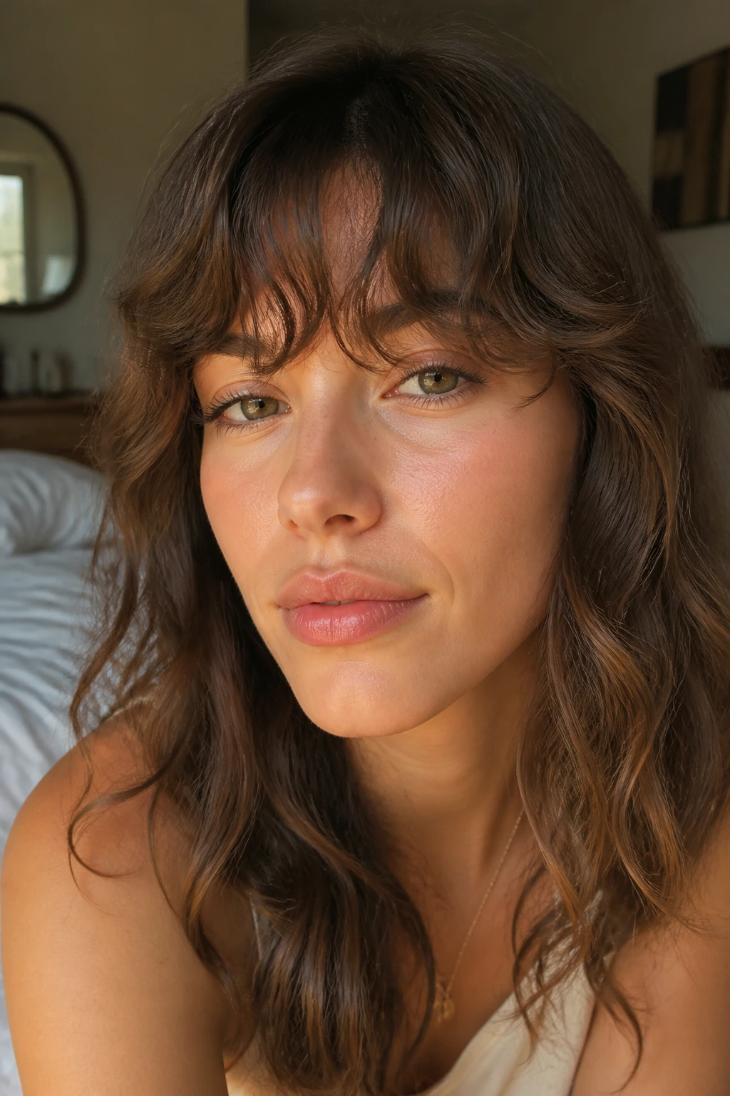 Close-up of a woman with wavy fringe in warm bedroom light
