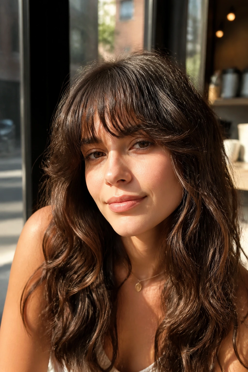 Close-up of a real person with thick wavy fringe resting at the brow in warm daylight