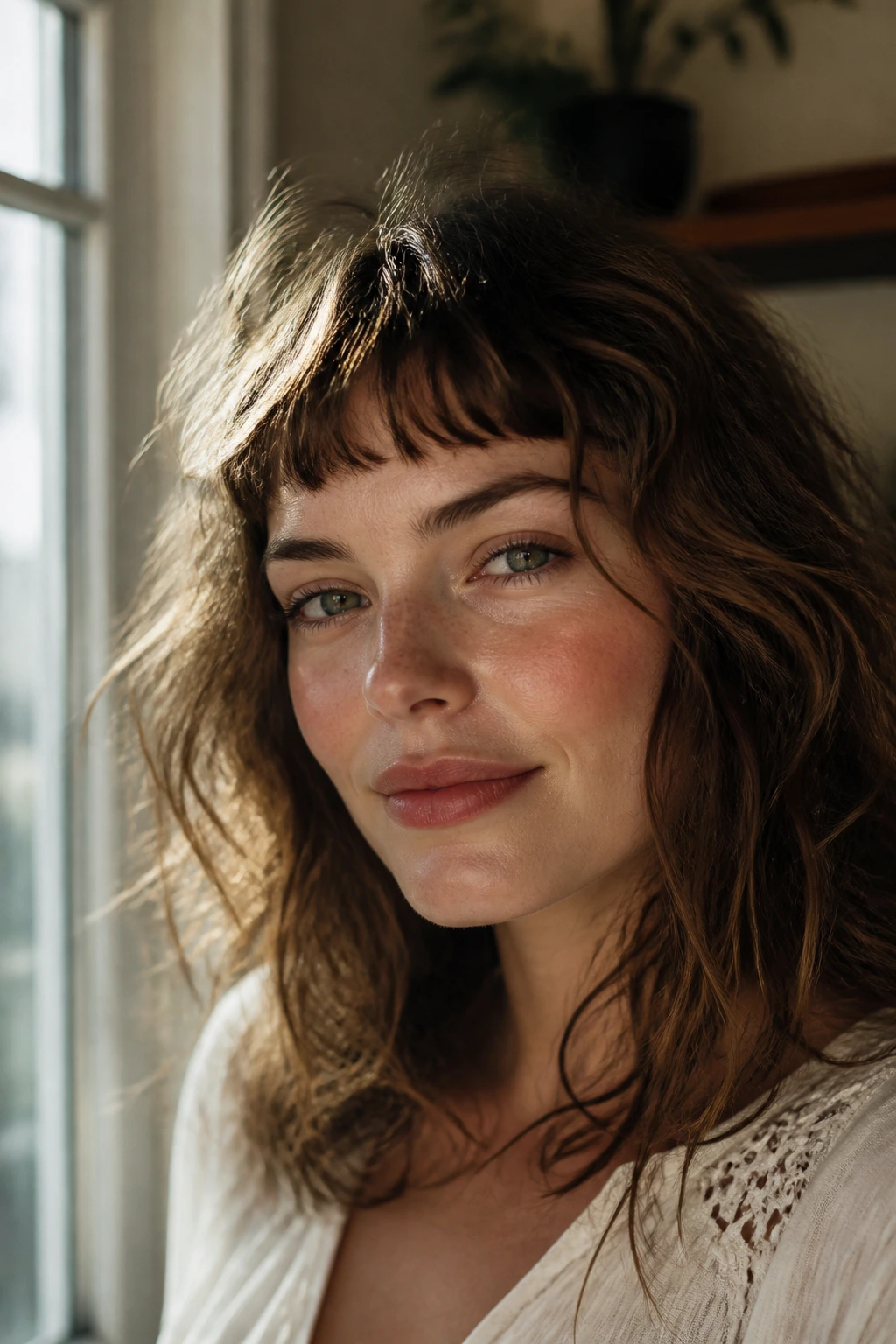 Real woman with a wavy French micro fringe in sunlit indoor setting