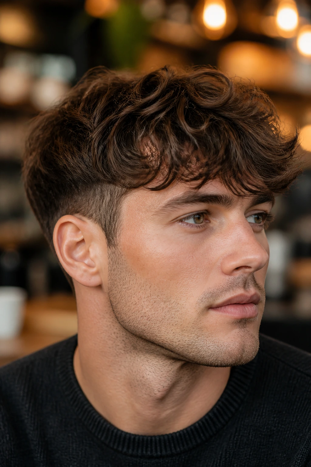 Close-up portrait of a man with wavy fringe and scissor taper