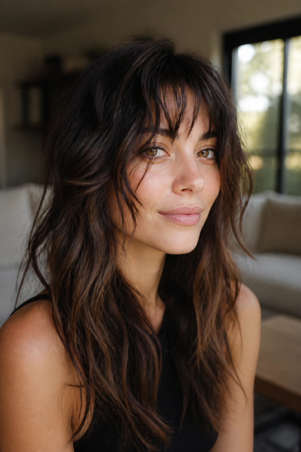 Close-up of a real woman showing a wavy shag fringe with uneven texture along the cheeks