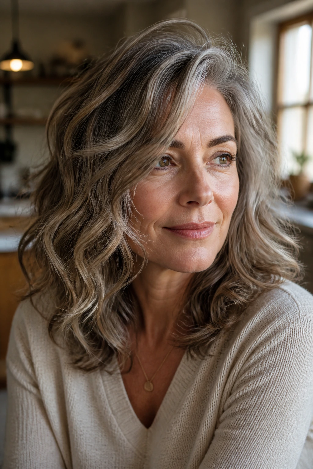 Close-up portrait of a real woman over 50 with soft waves and lift