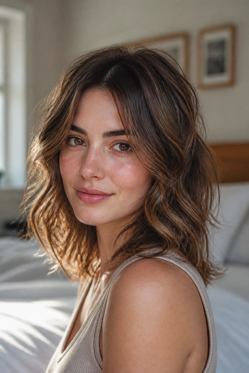 Close-up of a real woman with shoulder-length wavy hair and air-dry layers