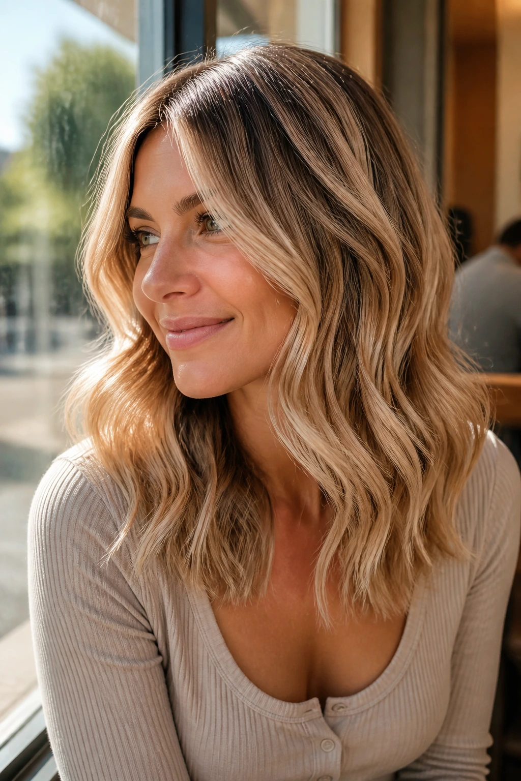 Real woman with wavy mid-length layers and champagne balayage in golden hour light.