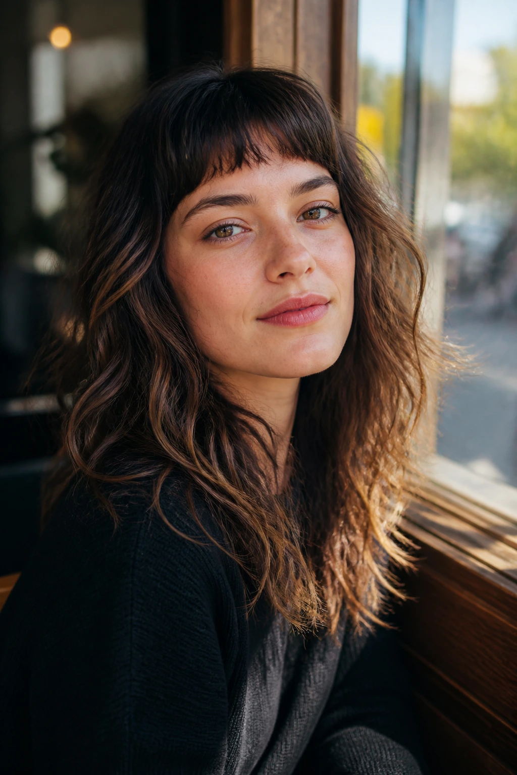 Real woman with wavy hair and choppy bangs in warm cafe window light