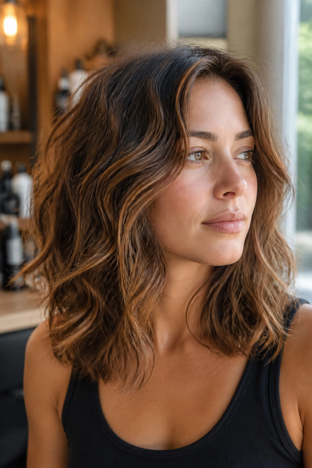 Close-up portrait of a real woman with shoulder-length wavy hair showing dry-cut layers under warm window light.