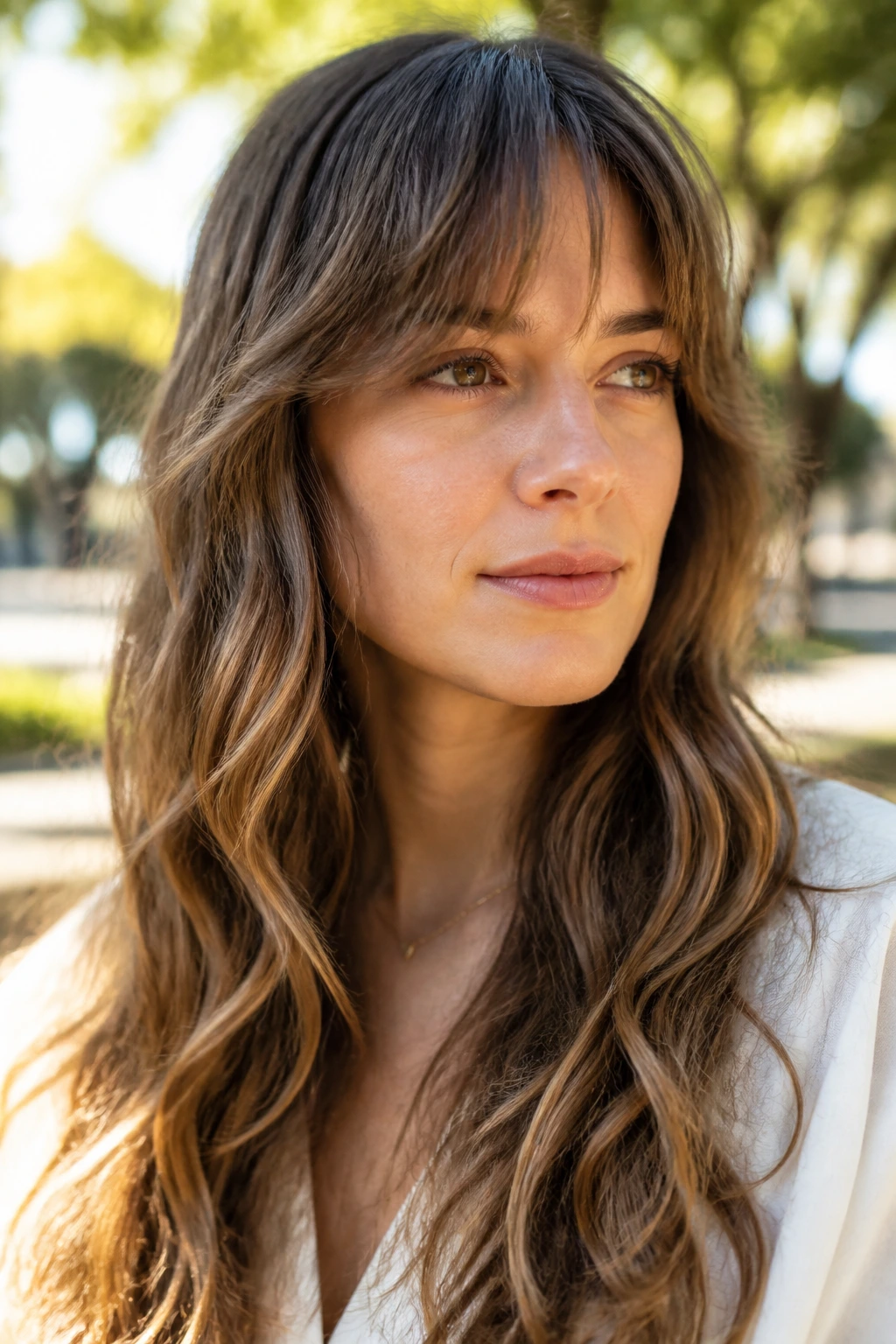 Real woman with wavy hair and feather fringe in golden hour light