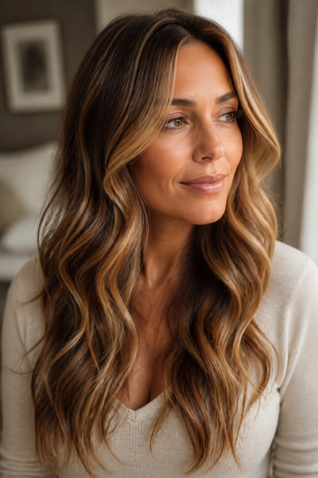 Close-up of a real woman's wavy hair with caramel highlights that move with the wave