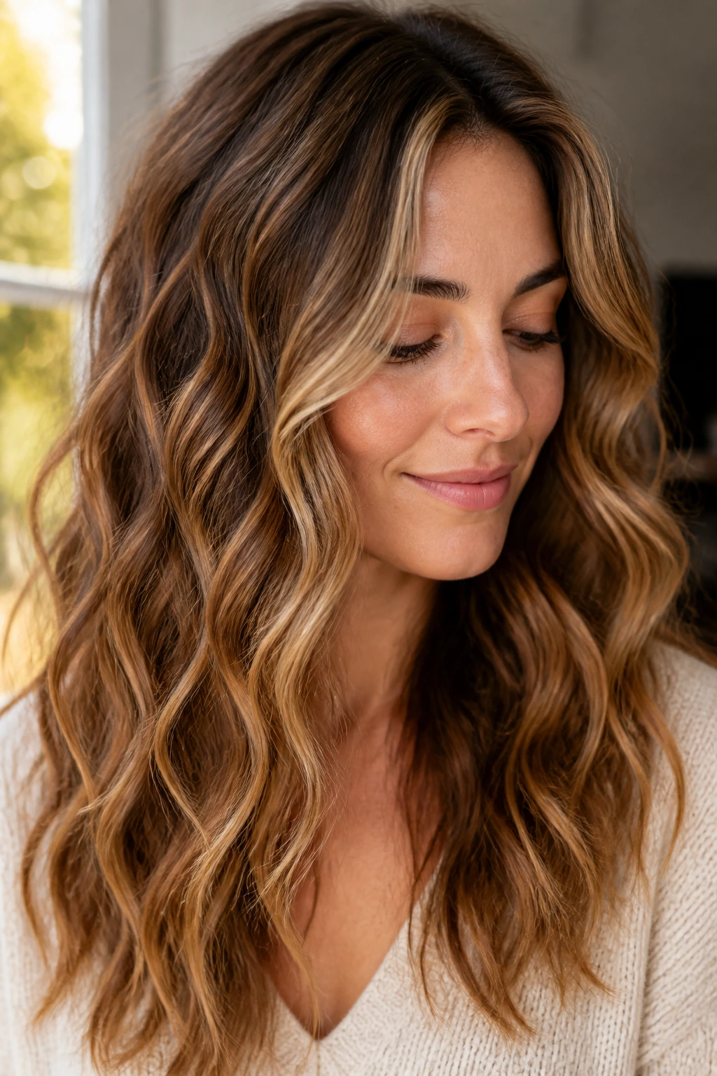 Close-up of a real person with wavy hair showing varied highlight placement