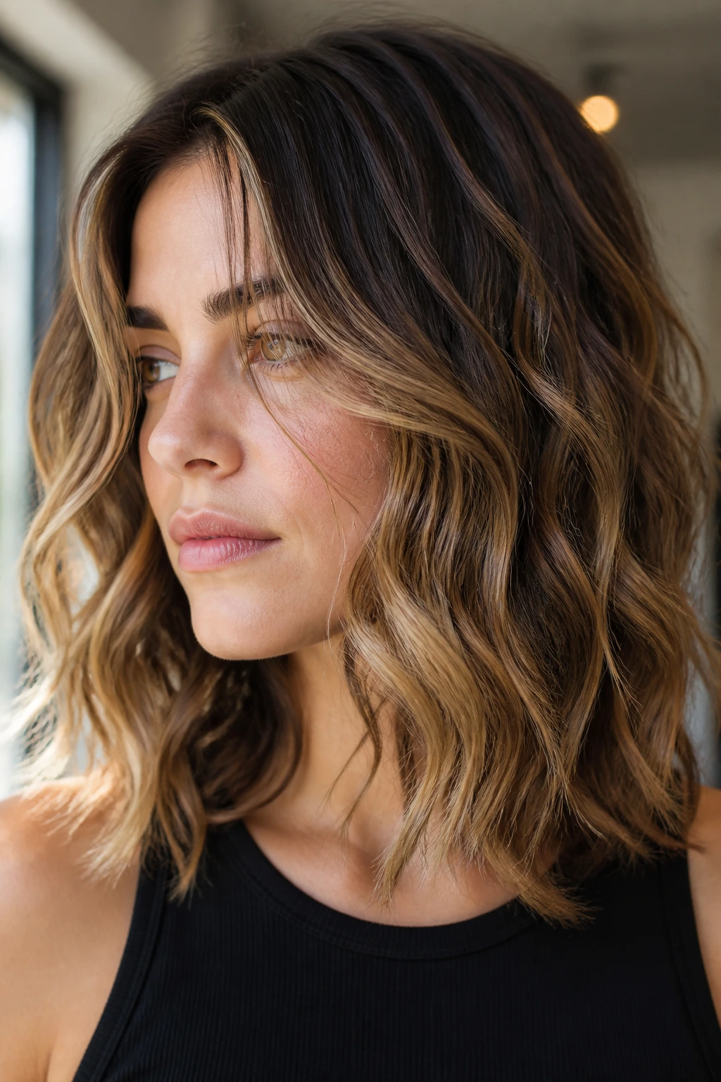Close-up portrait of a real woman with wavy hair and dimensional highlights under natural window light