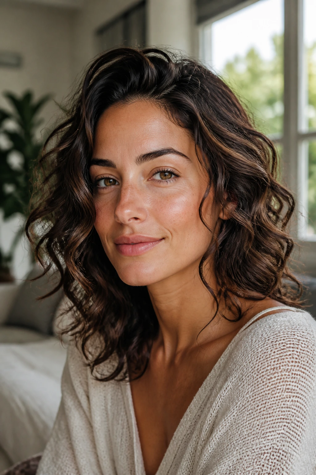 Close-up portrait highlighting wavy hair texture and hold