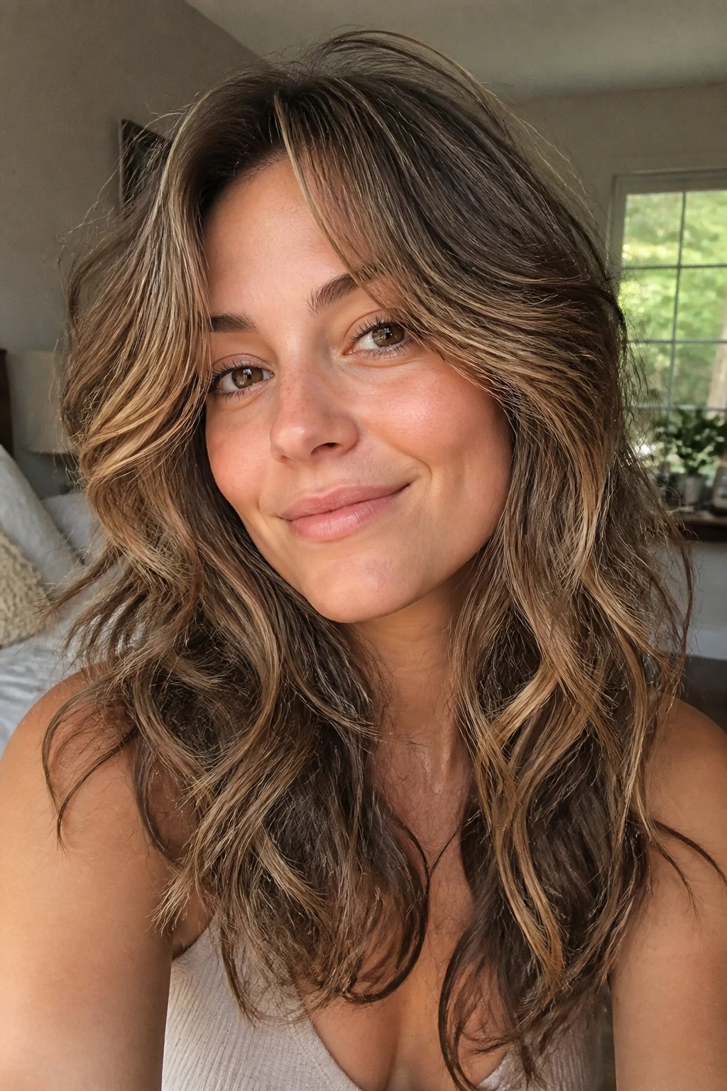 Close-up portrait of a real woman with layered wavy hair showing movement and soft texture