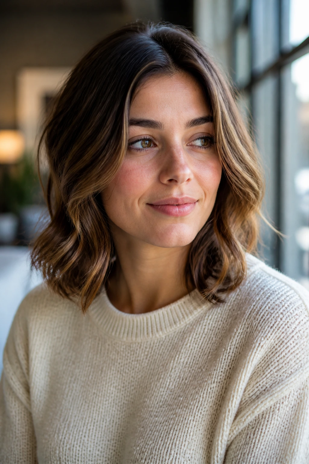 Portrait showing a collarbone-length lob with soft waves