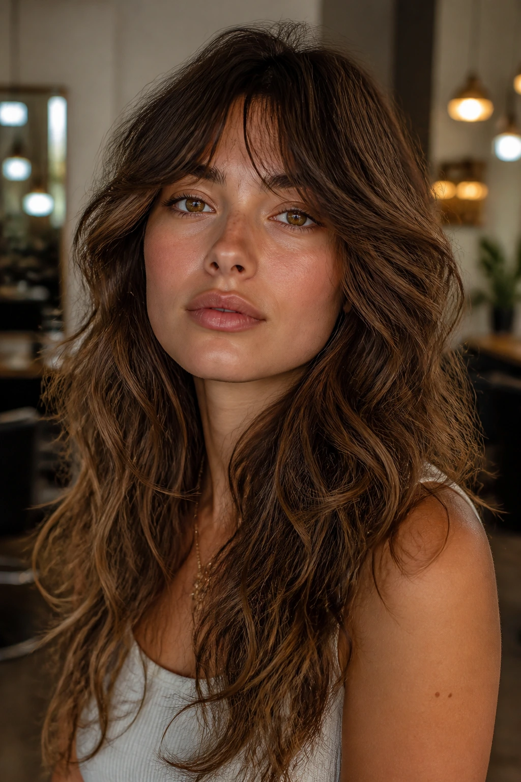 Close-up portrait of a real person with a long, textured wavy shag hairstyle in a warm salon setting.