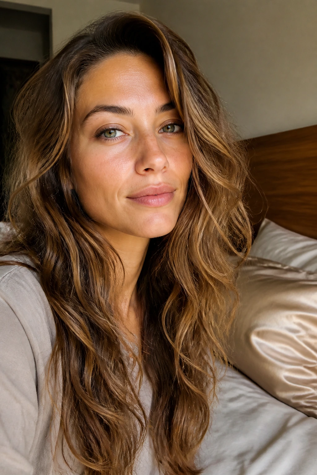 Close-up of real woman with long, wavy hair showing maintained shape in a night-care bedroom setting.