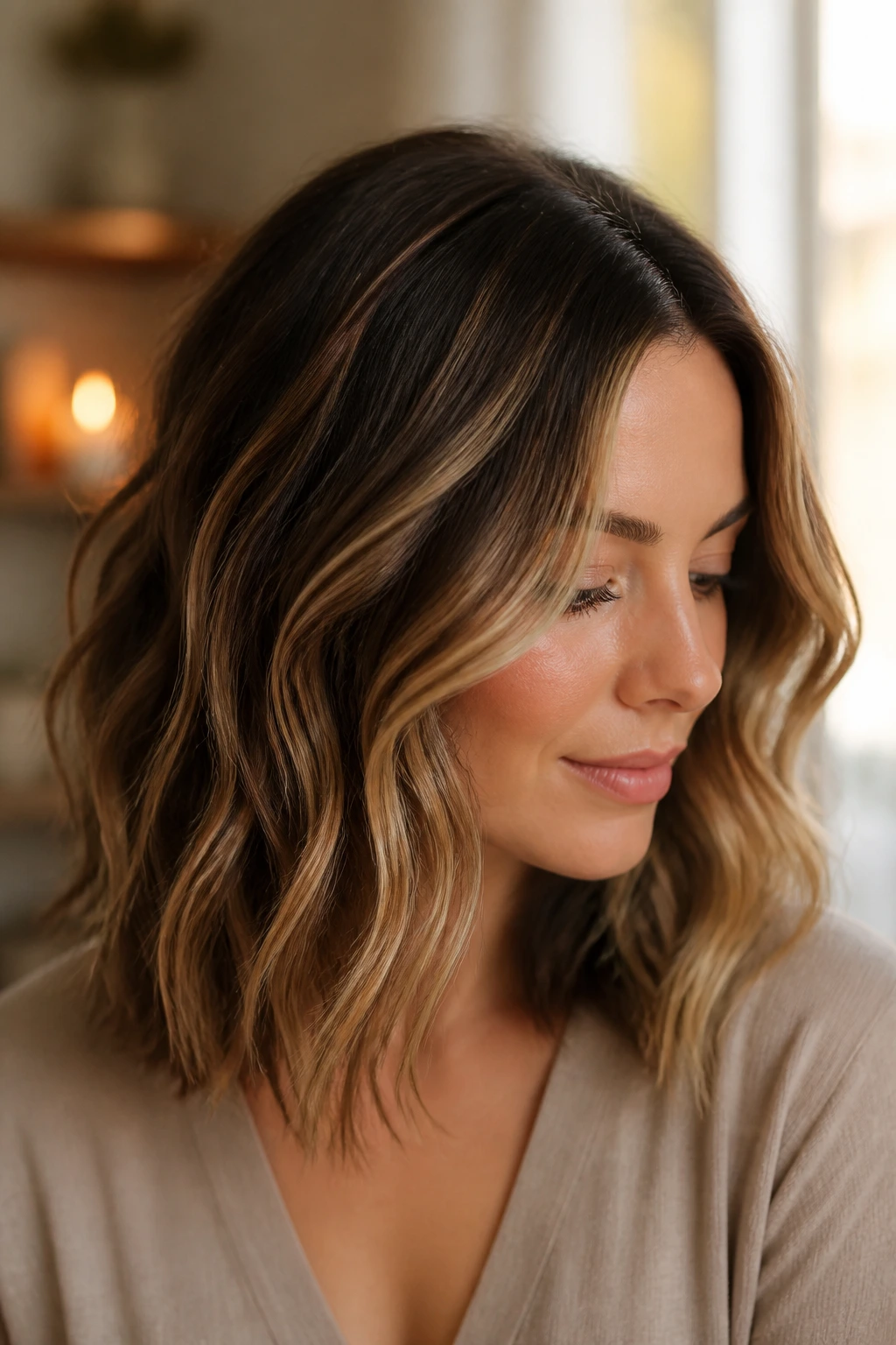 Wavy hair with strategically placed highlights on bends