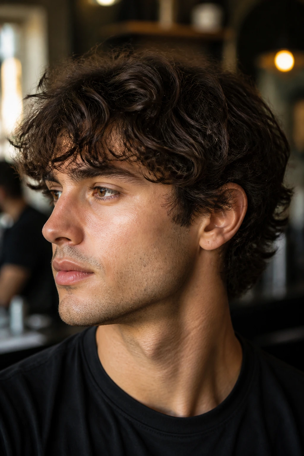 Close-up portrait of a man with natural wavy hair in a stylish barber shop